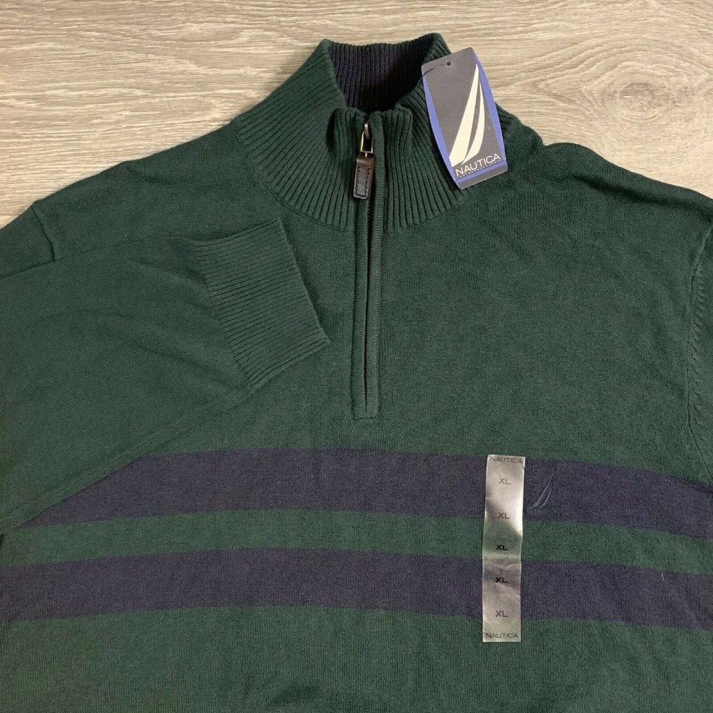 NAUTICA Green With Stripes 1/4 Zip Collard sweater